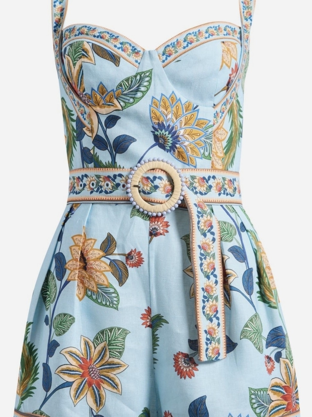 FARM Rio Light Blue Strapless Floral Romper with Belt